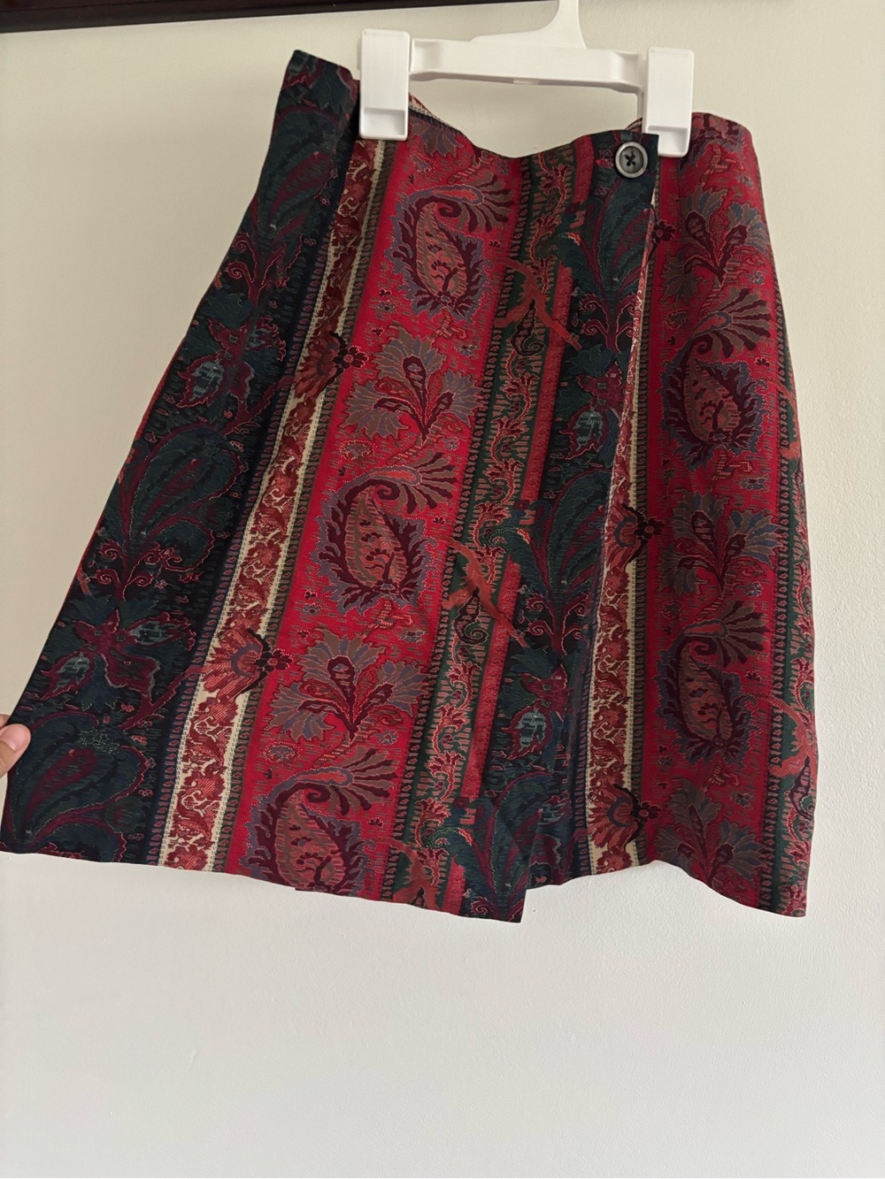 Cambridge Dry Goods Red and Forest Green Paisley Mini Skirt